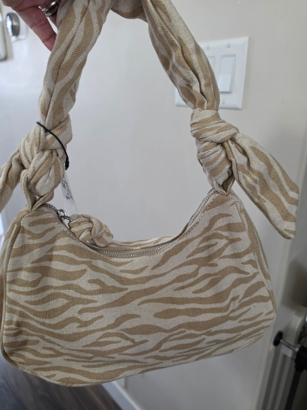 Beige Canvas Zebra Print Knotted Mini Shoulder Bag